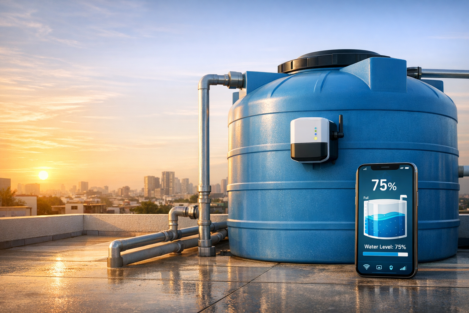 AI-generated rooftop smart water tank with sensor hardware and mobile dashboard preview.
