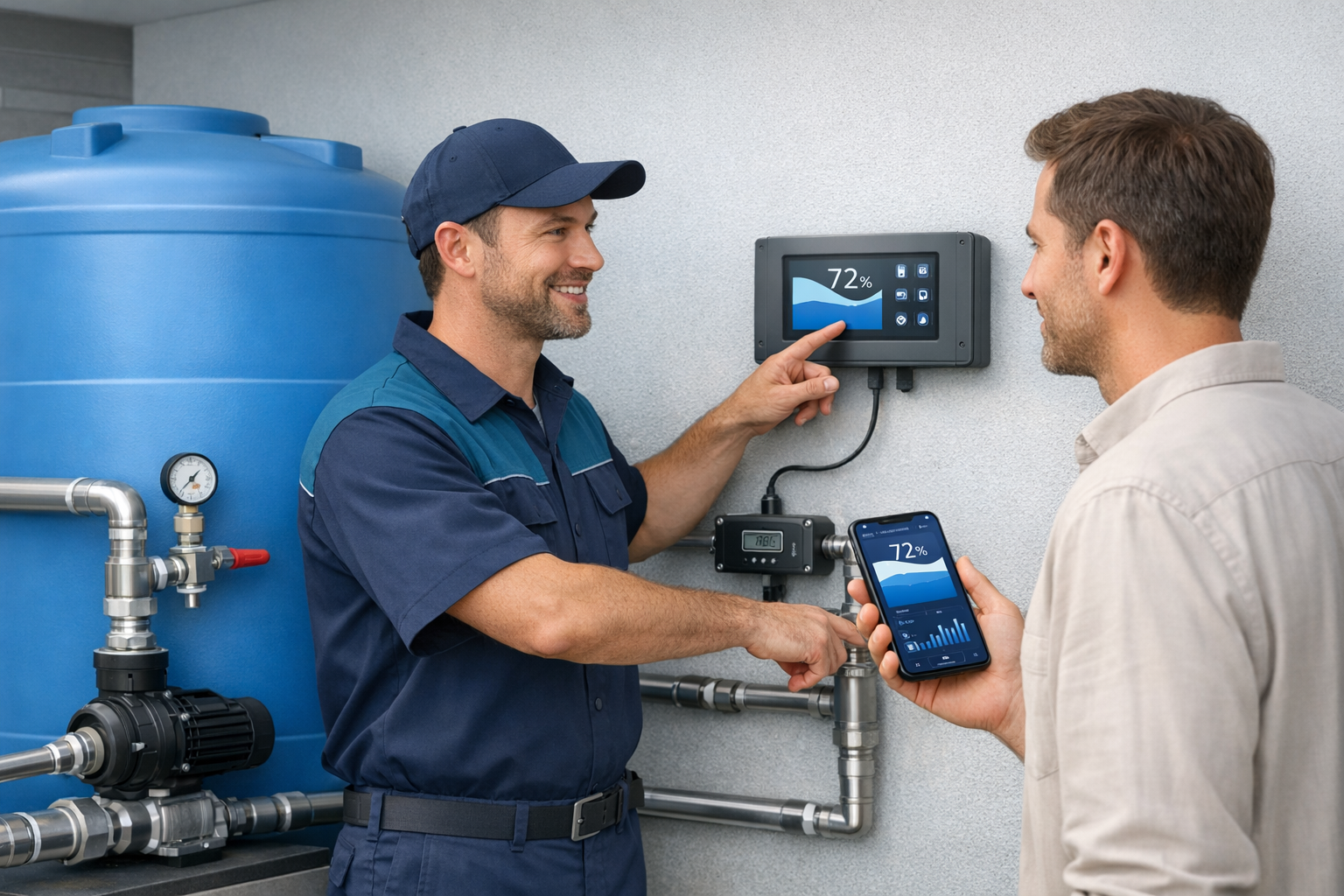 AI-generated service dashboard spotting unusual water usage, alerts and leak activity.